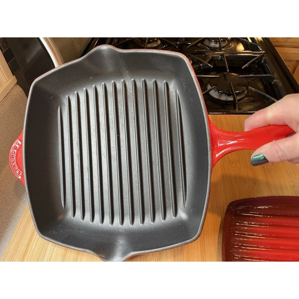 Vintage Le Creuset #26 Red Square Grill Pan France + Cast Iron Panini Press